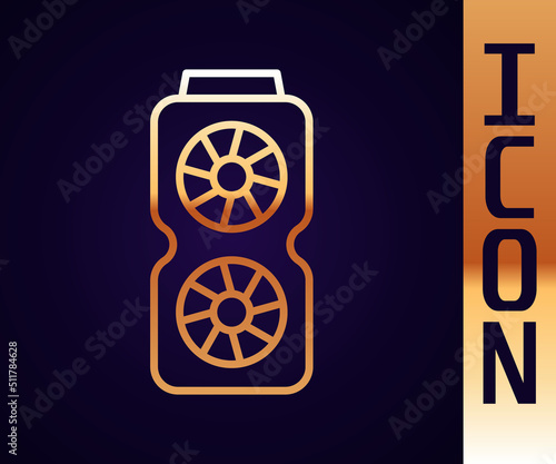 Gold line Video graphic card icon isolated on black background. Vector