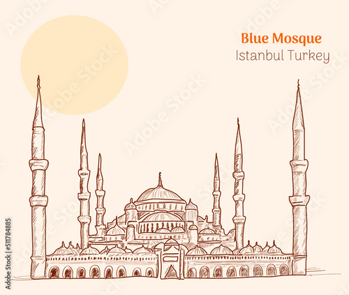 Sultanahmet camii Blue Mosque Hand drawing mosque watercolor vector sketch drawing	