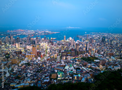 Aerial view of lights from downtown Sannomiya and Kobe City at dusk