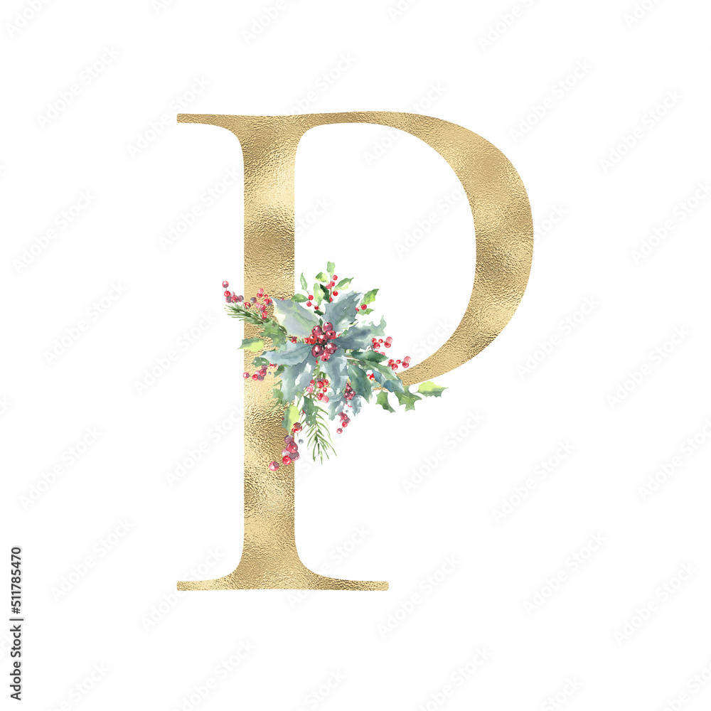 Fototapeta premium Watercolor Christmas Gold Floral Alphabet letter P with floral bouquet, Winter Holiday Animal botanical illustration. Monogram initials for wedding stationery, nursery, greeting card, logo, poster,