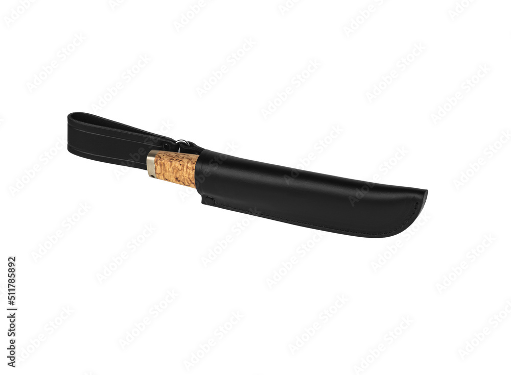 Modern hunting knife with silver blade and rubber handle. Steel arms. Isolate on a white back Modern hunting knife with silver blade and rubber handle. Steel arms. Isolate on a white back