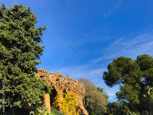 view of Park Güell. The combination of nature and architecture in the design of Park Güell in Barcelona