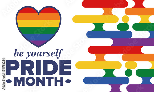 LGBT Pride Month in June. Lesbian Gay Bisexual Transgender. Celebrated annual. LGBT flag. Rainbow love concept. Human rights and tolerance. Poster, card, banner and background. Vector illustration