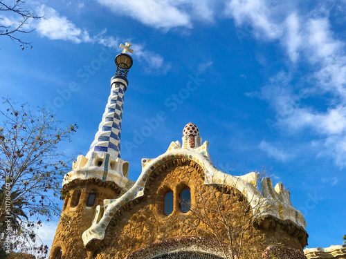 view of Park Güell. The combination of nature and architecture in the design of Park Güell in Barcelona