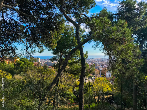 view of Park Güell. The combination of nature and architecture in the design of Park Güell in Barcelona