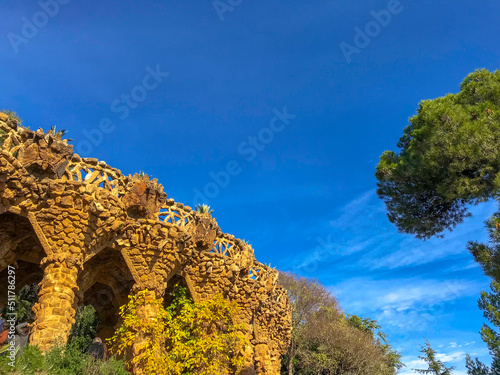 view of Park Güell. The combination of nature and architecture in the design of Park Güell in Barcelona