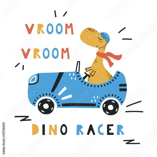 Cute vector hand-drawn illustration with a dinosaur racer riding a racing car with a beep. Dinosaur is ideal for children's clothing, textiles, prints.