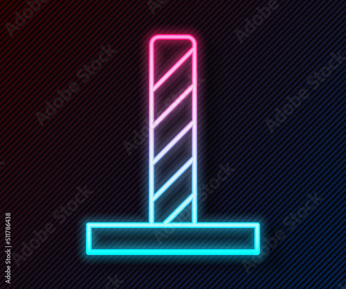 Glowing neon line Cat scratching post with toy icon isolated on black background. Vector