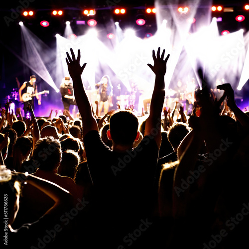 Silhouette of a young man on a concert with raised hand, big festival event.