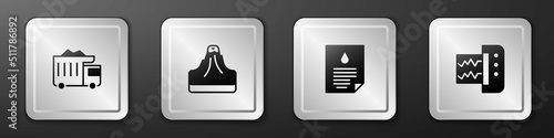 Set Mining dump truck, Volcano, Oil drop document and Seismograph icon. Silver square button. Vector