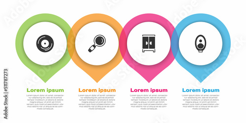 Set Vinyl disk, Magnifying glass, Wardrobe and Portrait picture museum. Business infographic template. Vector