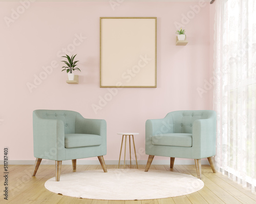 Renderização 3d de sala de estar para visitas ou leitura. Possui poltrona de tonalidade clara, assim como tapete e acessórios de parede. Sala clara e relaxante. design de interior photo