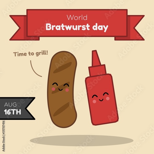 World bratwurst day social media post, banner, delicious grilled sausage celebration advertisement concept, meat sauce marketing square ad, August 16th abstract print, isolated on background