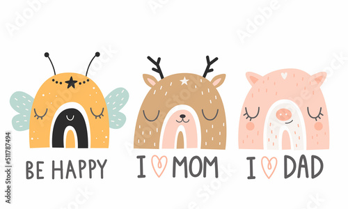 A set of cute rainbows with animal faces and lettering. Vector illustration photo