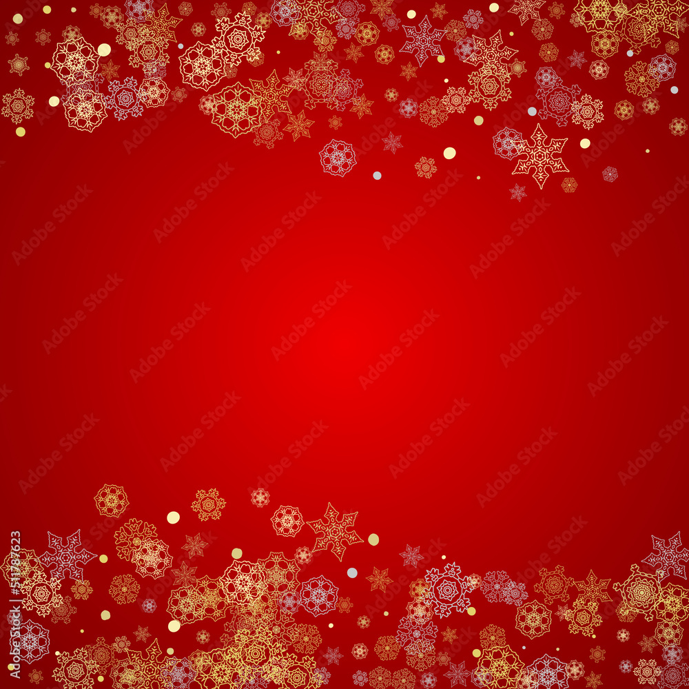 Christmas snow on red background. Glitter frame for seasonal winter banners, gift coupon, voucher, ads, party event. Santa Claus colors with golden Christmas snow. Falling snowflakes for holiday