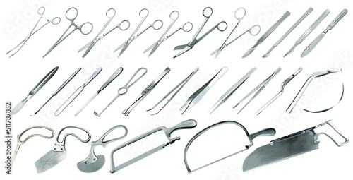 Surgical instruments set. Tweezers, scalpels, plaster and bone saws,  amputation and plaster knives, Microsurgical forceps and clamps, hook, needle. Large collection of hand metal tools. Vector