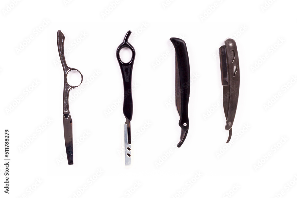Razor, hair beard razor set scissor-shaped, for barbers and hairdressers, metal steel, set. material equipment by hand isolated with white background Razor, hair beard razor set scissor-shaped, for barbers and hairdressers, metal steel, set. material equipment by hand isolated with white background