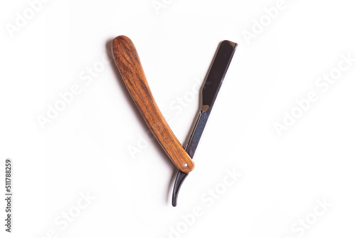 Beard razor with wooden handle, isolated with white background, barber hairdressing equipment beard razor
