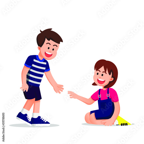 a boy reaches out to his friend to help her up