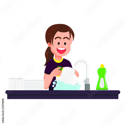 little girl cleans and rinses the dishes