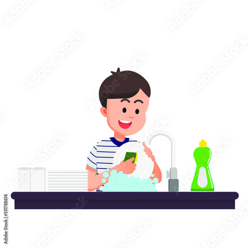 cute boy washes the dishes with dish soap liquid and a sponge