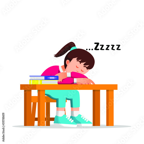 little girl fell asleep at her desk because she was tired