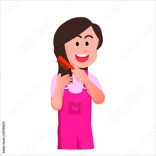 little girl straightens her hair with a comb