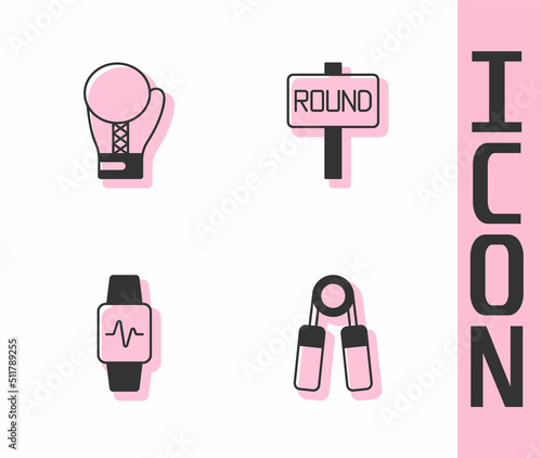 Set Sport expander, Boxing glove, Smart watch with heart and ring board icon. Vector
