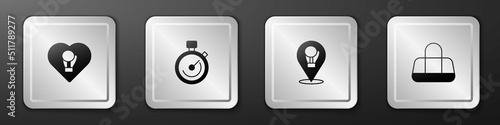 Set Boxing glove, Stopwatch, and Sport bag icon. Silver square button. Vector