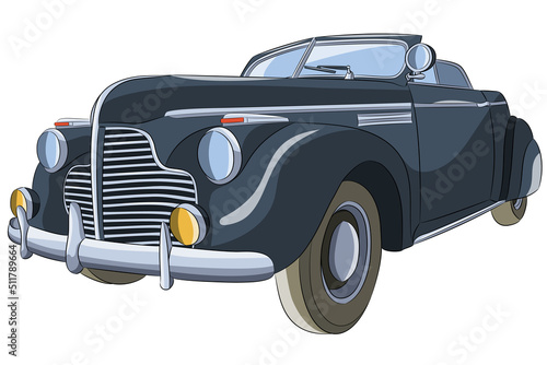 Old black car cabriolet isolated on white background.