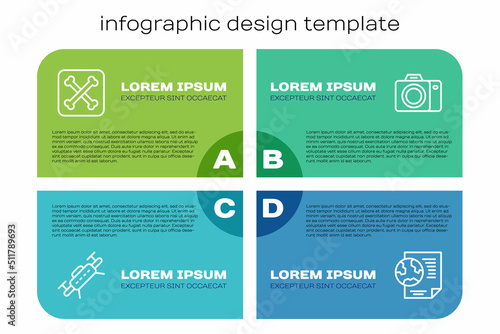 Set line Drone, Archeology, Earth globe with document and Photo camera. Business infographic template. Vector
