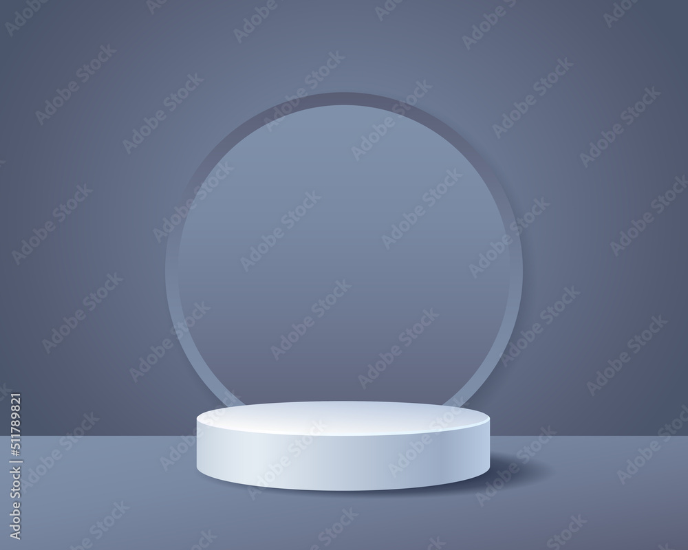 Modern cylinder platform. White round podium on a dark grey background. Showcase for products presentation, empty space for place beauty or cosmetics product. Vector realistic 3d illustration Modern cylinder platform. White round podium on a dark grey background. Showcase for products presentation, empty space for place beauty or cosmetics product. Vector realistic 3d illustration