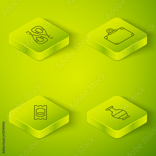 Set Isometric line Suitcase, Cinema ticket, Ancient amphorae and Earrings icon. Vector