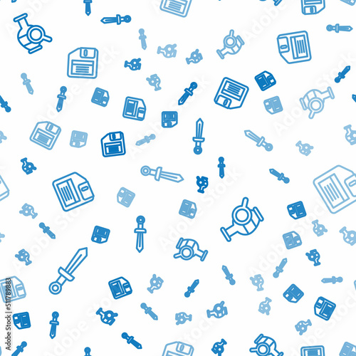 Set line Medieval sword, Ancient amphorae and Floppy disk on seamless pattern. Vector