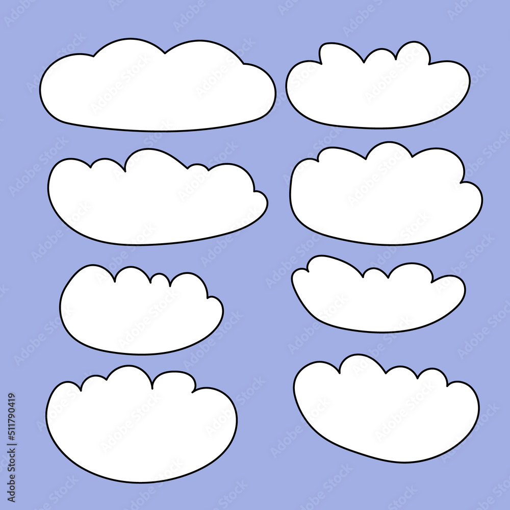 Fototapeta premium 1970 trippy set cloud. Groovy hand drawn and trend vector illustration. 70s, 80s, 90s vibes background
