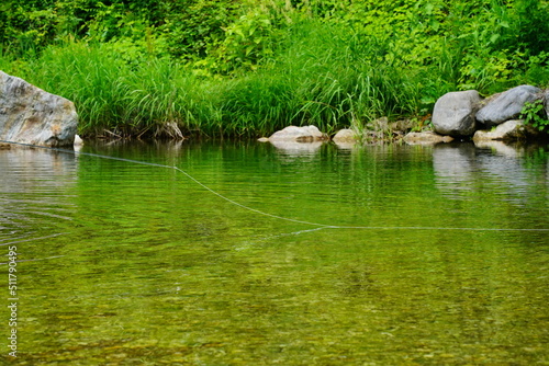 (渓流釣り)フライロッドと水面に延びたライン photo