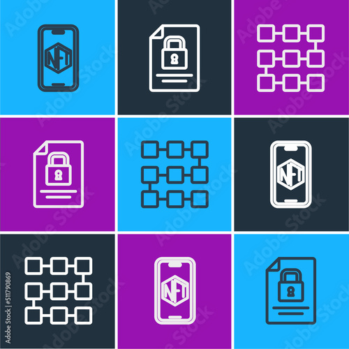 Set line Mobile with art store app, NFT blockchain technology and Document and icon. Vector