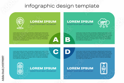 Set line Video graphic card, NFT Digital crypto art, Ethereum ETH and cloud. Business infographic template. Vector