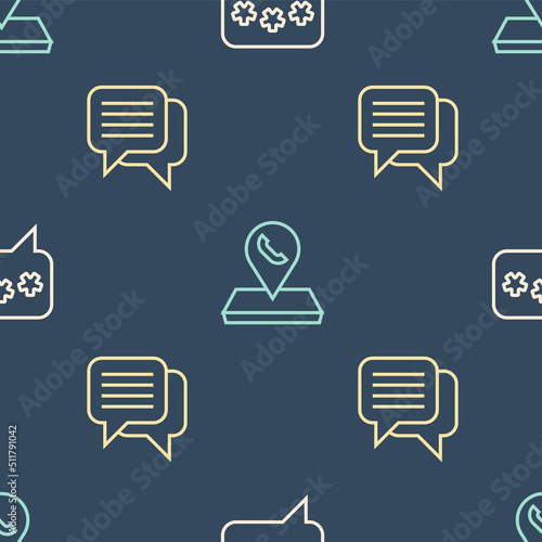 Set line Speech bubble chat, and Call center location on seamless pattern. Vector