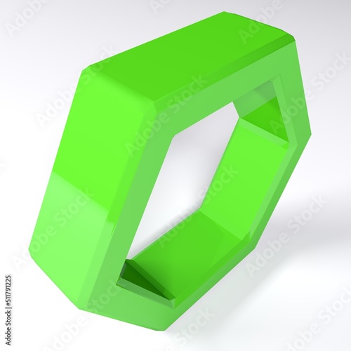 Green hexagon standing on white surface - 3D rendering illustration