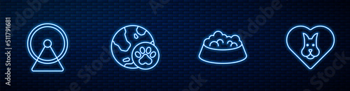 Set line Pet food bowl for cat or dog, Hamster wheel, World pet and Heart with. Glowing neon icon on brick wall. Vector