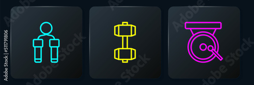 Set line Jump rope, Boxing gong and Dumbbell. Black square button. Vector