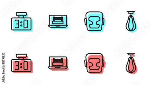 Set line Boxing helmet, Sport mechanical scoreboard, ring and Punching bag icon. Vector