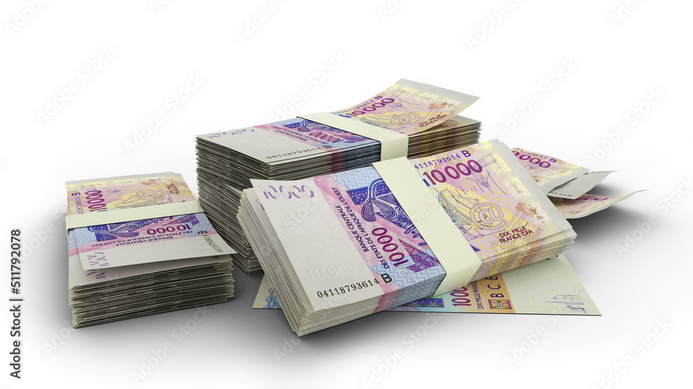 3d stack of 10000 West African CFA notes isolated on white background. 3d rendering 3d stack of 10000 West African CFA notes isolated on white background. 3d rendering