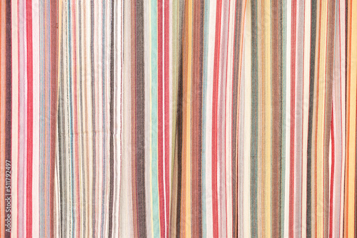 multicolor Stripe linen curtains background, Closeup detail of multi color fabric texture samples.