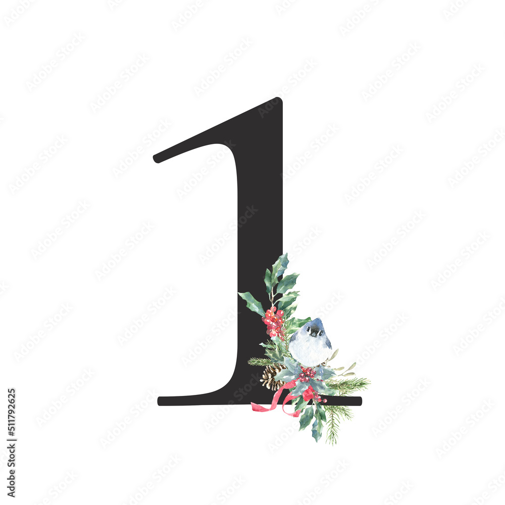 Watercolor Black Christmas Floral Number digit 1, with flower