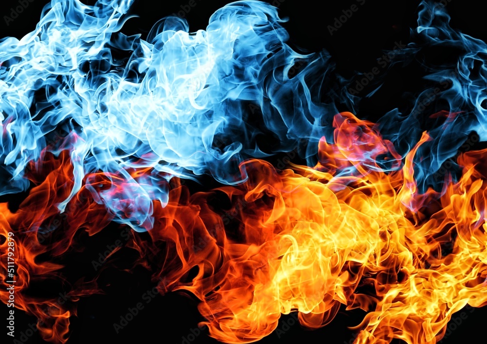 赤の火と青の火が渦巻く3Dイラスト