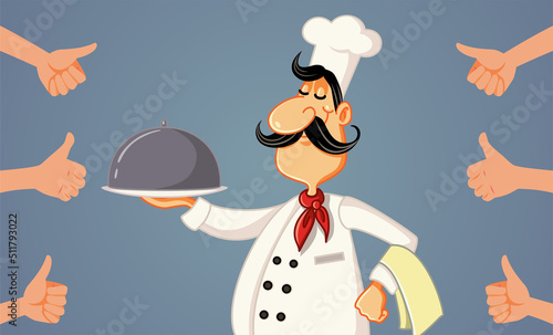 Happy Chef Holding Platter Receiving Appreciation Vector Cartoon Illustration