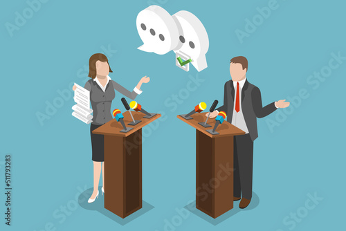3D Isometric Flat Vector Conceptual Illustration of Debate, Politicians are Discussing on a Stage