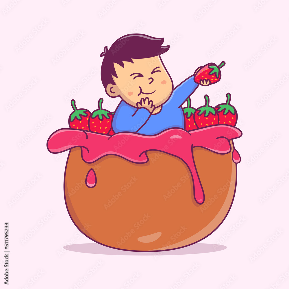Cute Kid with strawberry cartoon, Cute Kid on a basket of strawberries Cute Kid with strawberry cartoon, Cute Kid on a basket of strawberries